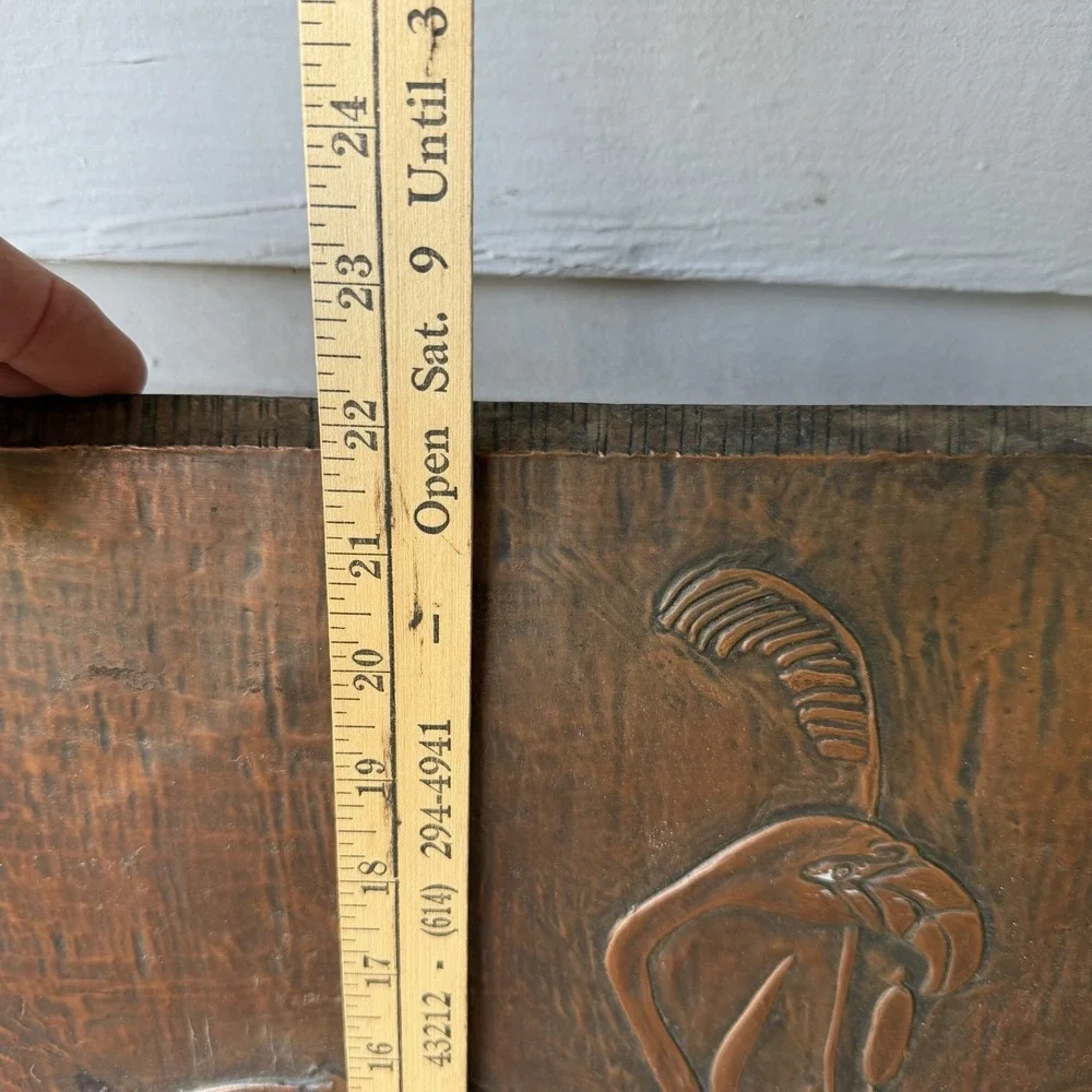 Vintage MCM Copper Relief Wall Art Plaque Embossed Flamingo Heron Bird In Marsh